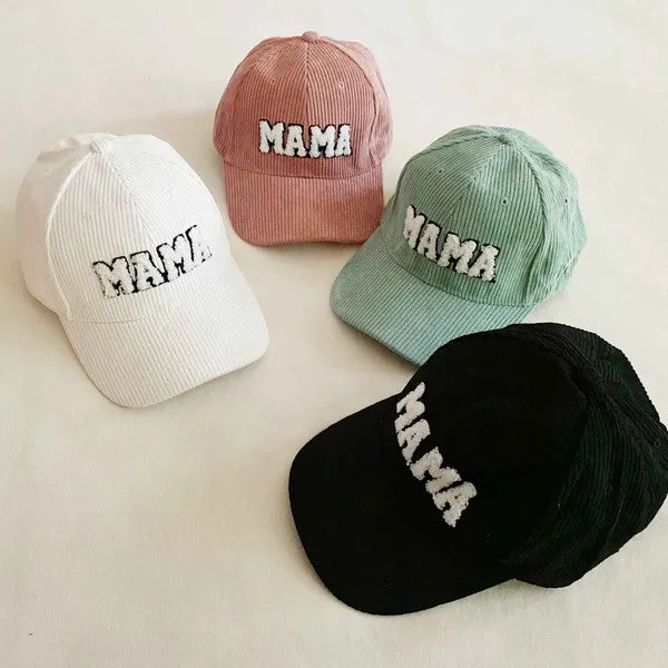 MAMA Corduroy Ball Cap – Fuzzy Letter Patch Hat with Adjustable Clip Closure