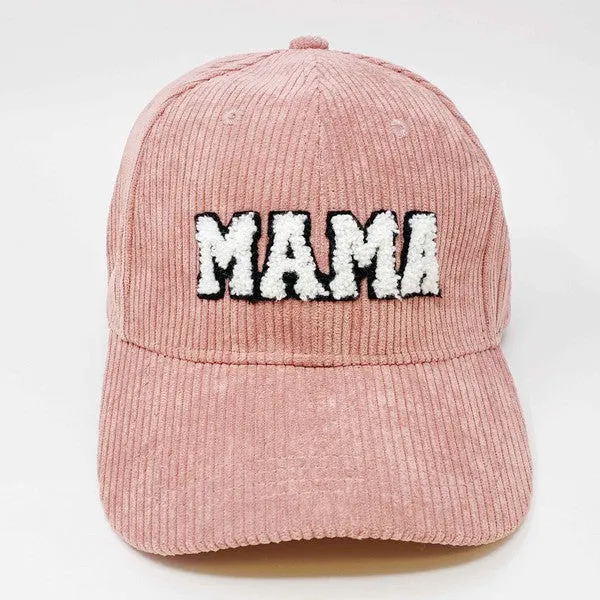 MAMA Corduroy Ball Cap – Fuzzy Letter Patch Hat with Adjustable Clip Closure