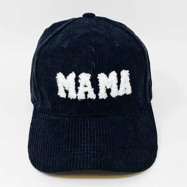 MAMA Corduroy Ball Cap – Fuzzy Letter Patch Hat with Adjustable Clip Closure