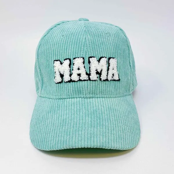 MAMA Corduroy Ball Cap – Fuzzy Letter Patch Hat with Adjustable Clip Closure