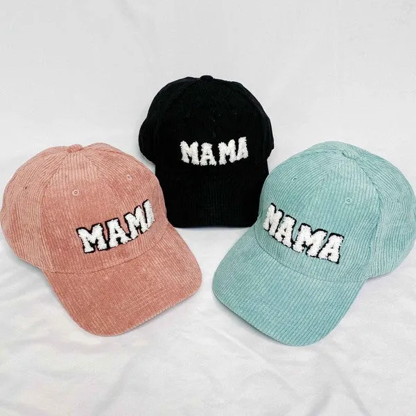 MAMA Corduroy Ball Cap – Fuzzy Letter Patch Hat with Adjustable Clip Closure
