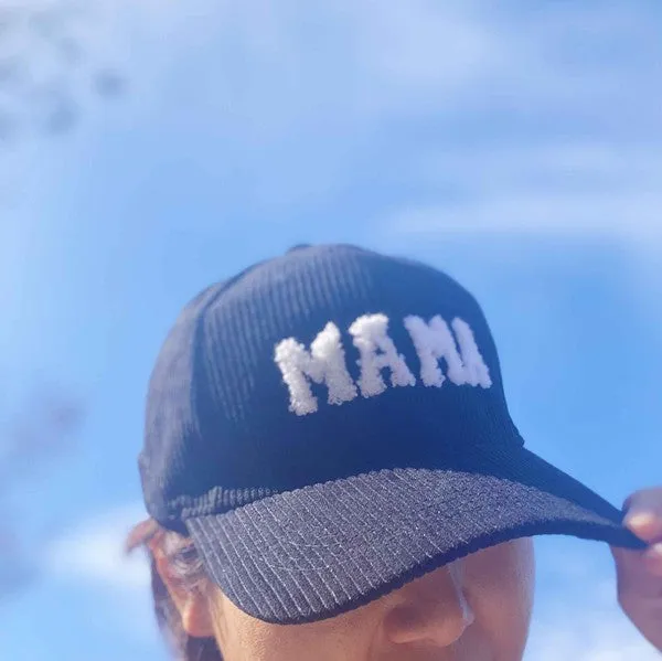 MAMA Corduroy Ball Cap – Fuzzy Letter Patch Hat with Adjustable Clip Closure