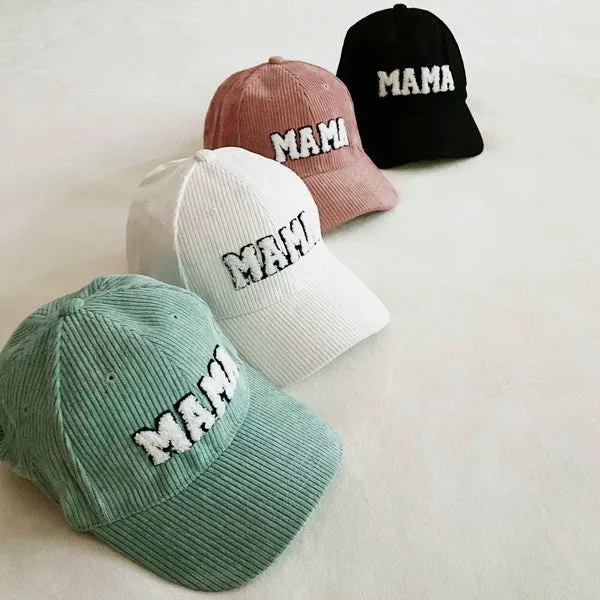 MAMA Corduroy Ball Cap – Fuzzy Letter Patch Hat with Adjustable Clip Closure