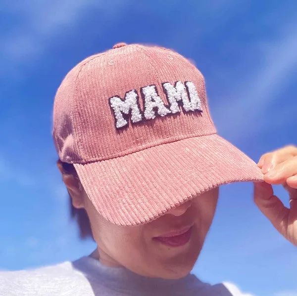 MAMA Corduroy Ball Cap – Fuzzy Letter Patch Hat with Adjustable Clip Closure