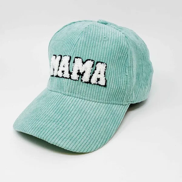 MAMA Corduroy Ball Cap – Fuzzy Letter Patch Hat with Adjustable Clip Closure