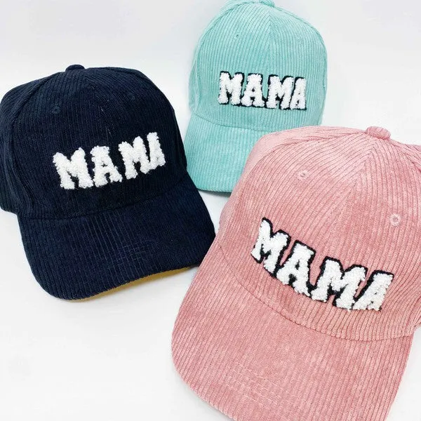 MAMA Corduroy Ball Cap – Fuzzy Letter Patch Hat with Adjustable Clip Closure