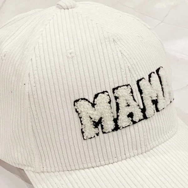 MAMA Corduroy Ball Cap – Fuzzy Letter Patch Hat with Adjustable Clip Closure