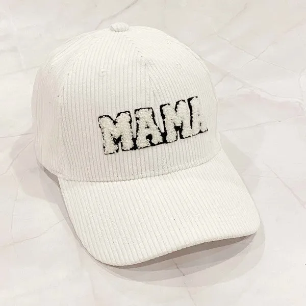 MAMA Corduroy Ball Cap – Fuzzy Letter Patch Hat with Adjustable Clip Closure