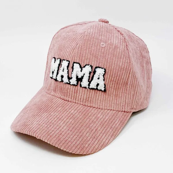 MAMA Corduroy Ball Cap – Fuzzy Letter Patch Hat with Adjustable Clip Closure