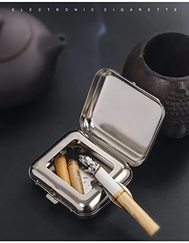 Mini Compact Portable Ashtray,Square Stainless Steel Mini Pocket Ashtray Cigarettes Ash Tray with Lid Outdoor Windproof Pocket Smoking Ash Tray Vehicle Cigarette Ashtray for Outdoor Home Office