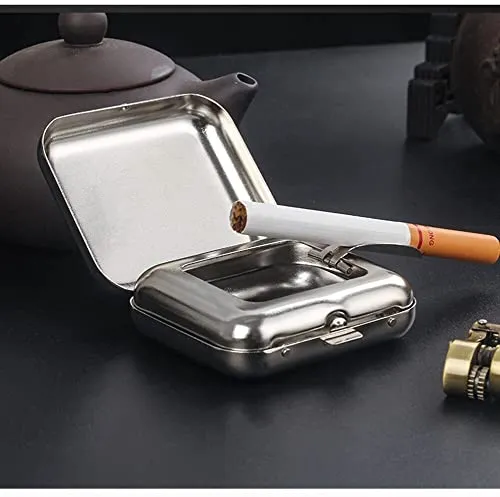 Mini Compact Portable Ashtray,Square Stainless Steel Mini Pocket Ashtray Cigarettes Ash Tray with Lid Outdoor Windproof Pocket Smoking Ash Tray Vehicle Cigarette Ashtray for Outdoor Home Office
