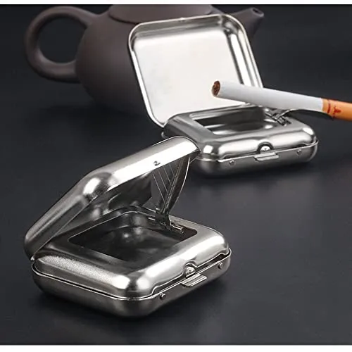 Mini Compact Portable Ashtray,Square Stainless Steel Mini Pocket Ashtray Cigarettes Ash Tray with Lid Outdoor Windproof Pocket Smoking Ash Tray Vehicle Cigarette Ashtray for Outdoor Home Office