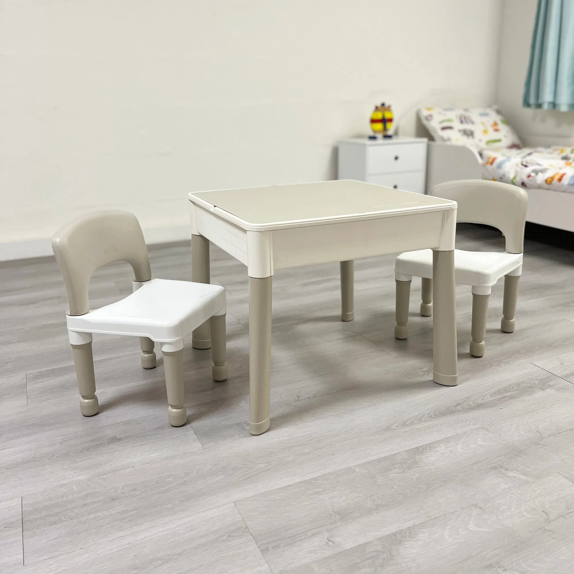 Montessori 5-in-1 Table & 2 Chairs Set | Sand & Water Pit | Lego  | Dry Wipe Top | Grey & White