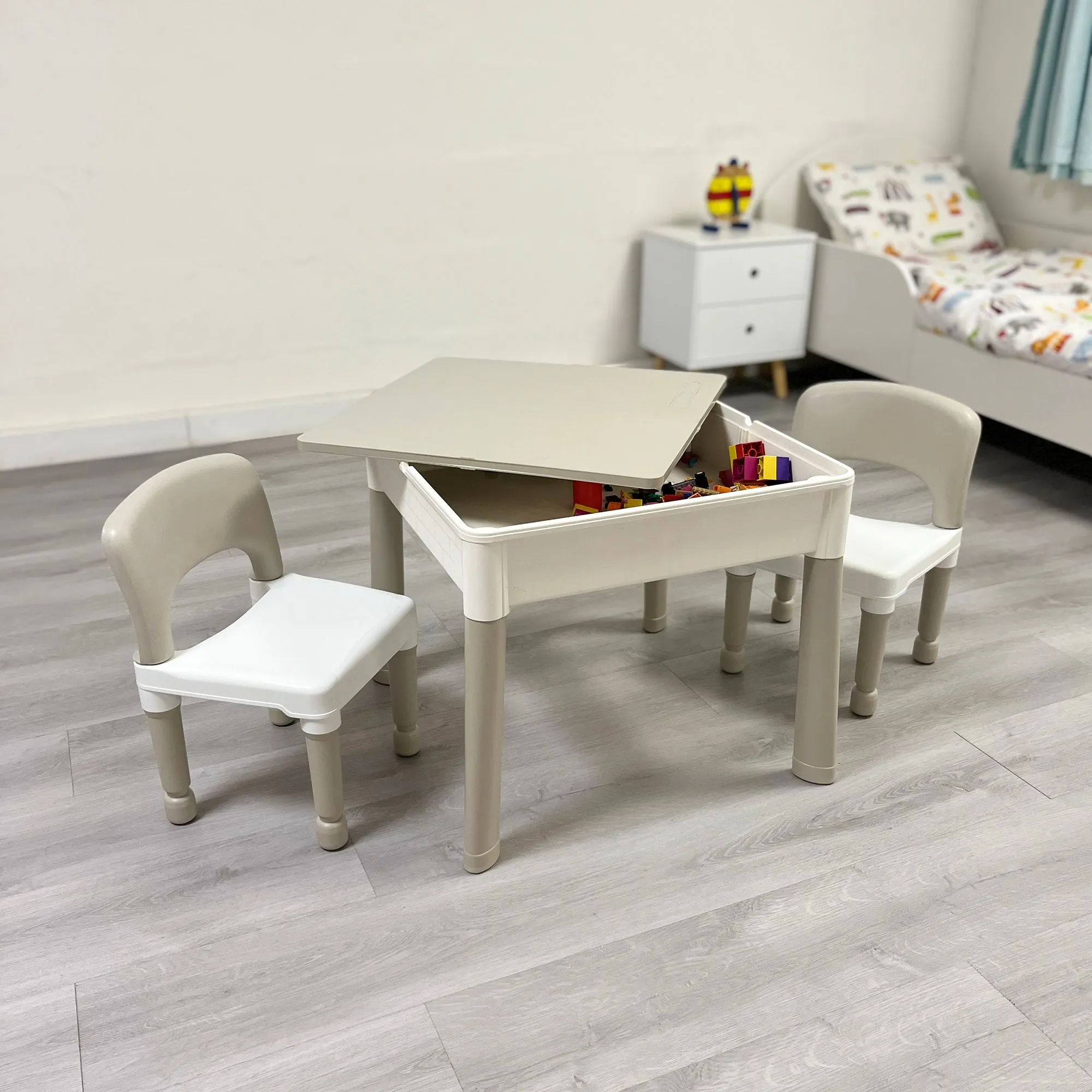 Montessori 5-in-1 Table & 2 Chairs Set | Sand & Water Pit | Lego  | Dry Wipe Top | Grey & White