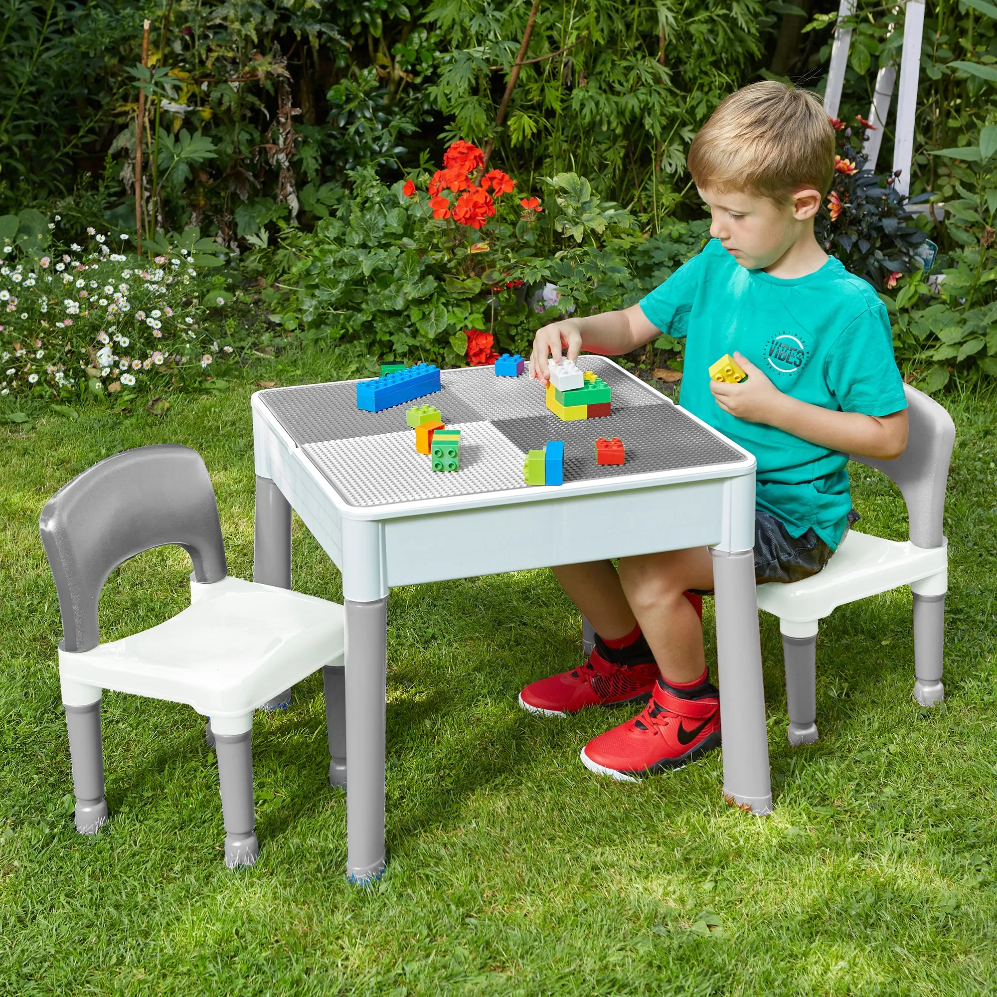 Montessori 5-in-1 Table & 2 Chairs Set | Sand & Water Pit | Lego  | Dry Wipe Top | Grey & White