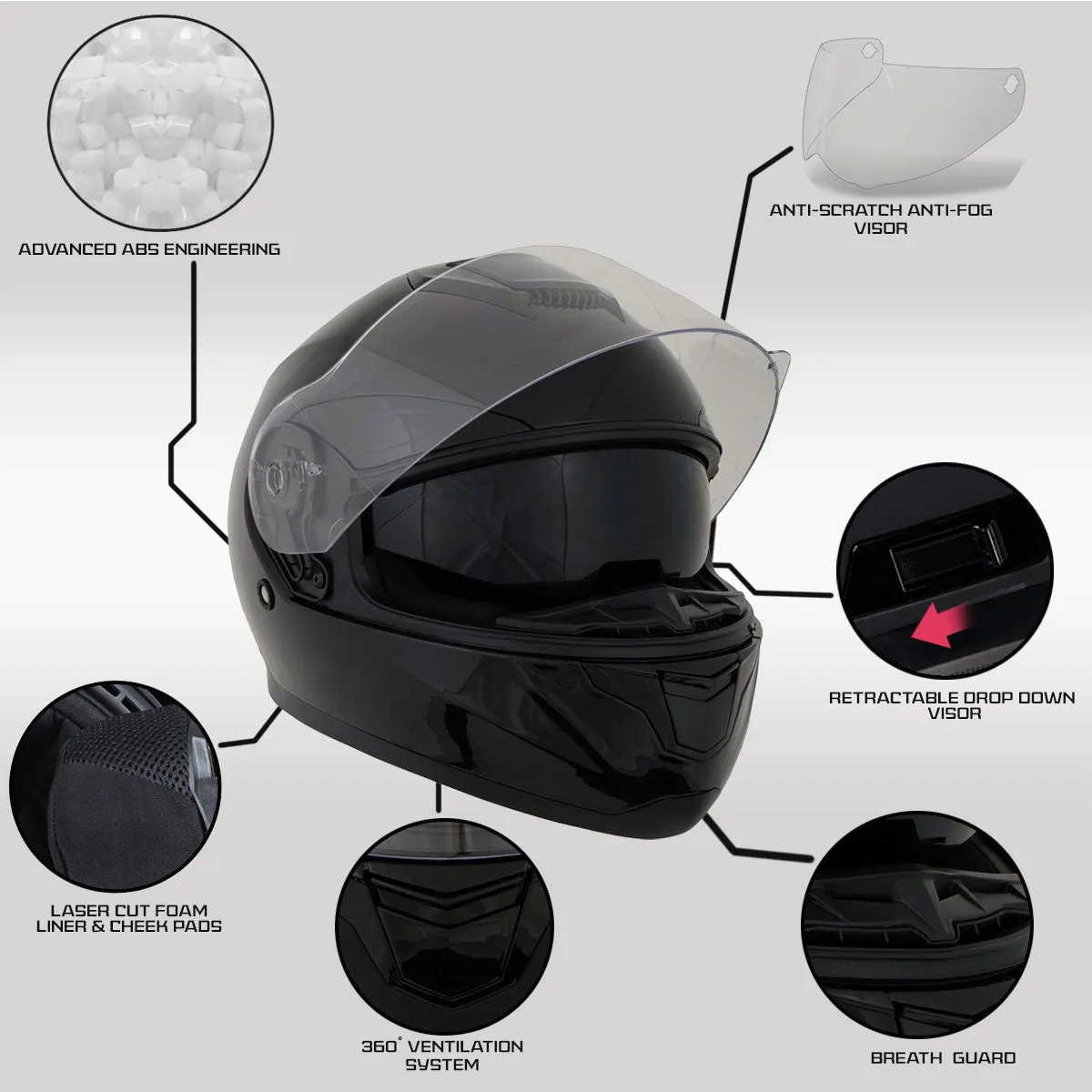 MPH9835DOT 'Sweeper' Flat Black Advanced Motorcycle Modular Helmet for Men and Women Biker w/ Drop Down Visor