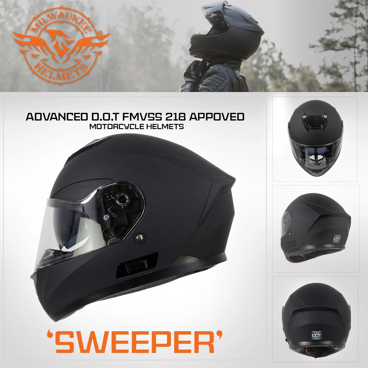 MPH9835DOT 'Sweeper' Flat Black Advanced Motorcycle Modular Helmet for Men and Women Biker w/ Drop Down Visor