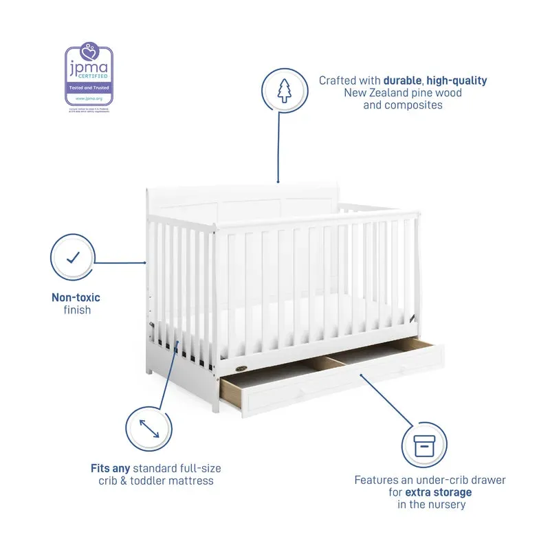 New in Box! Graco Asheville 4-in-1 Convertible Crib with Storage, Manufacture Date 07/22, Retails $449  NOTE: Couple minor scuffs from packaging mostly on back board