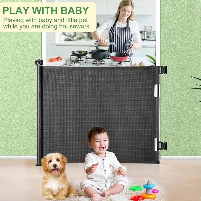 New Retractable Baby Gate, Extra Wide Safety Kids or Pets Gate, 33” Tall, Extends to 55” Wide, Mesh Safety Dog Gate for Stairs, Indoor, Outdoor, Doorways, Hallways(33”x55”- Black)