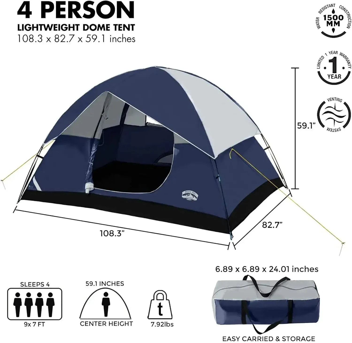 Pacific Pass 4-Person Lightweight Dome Tent with Removable Rain Fly for Camping and Outdoor Adventures