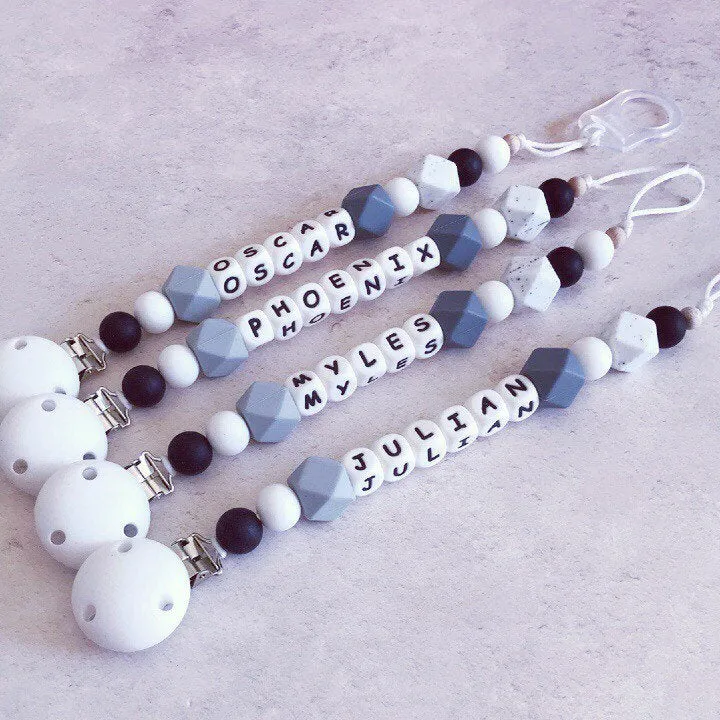 Personalised Silicone Dummy Clip - Monochrome