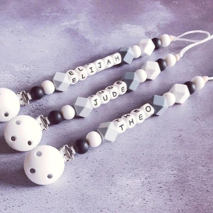 Personalised Silicone Dummy Clip - Monochrome