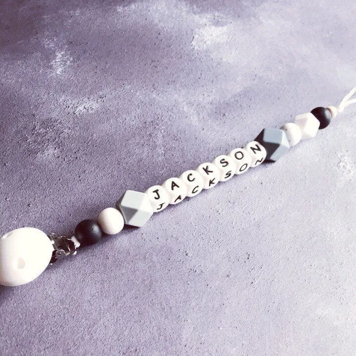 Personalised Silicone Dummy Clip - Monochrome