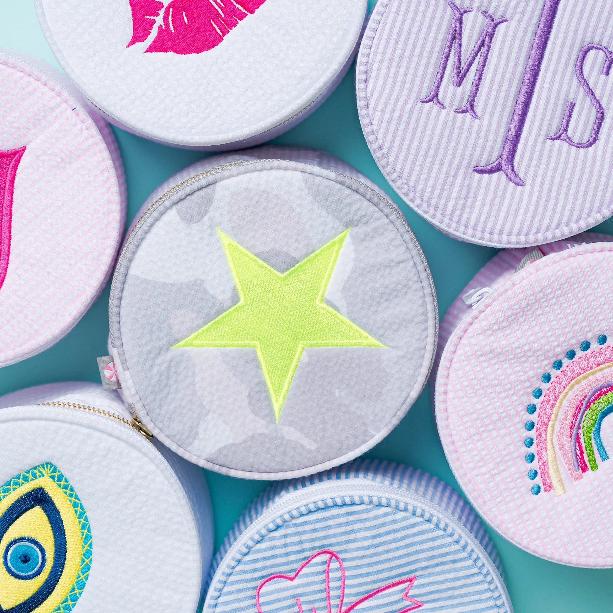 Personalized Seersucker Lilac Round Multi Purpose Pouch