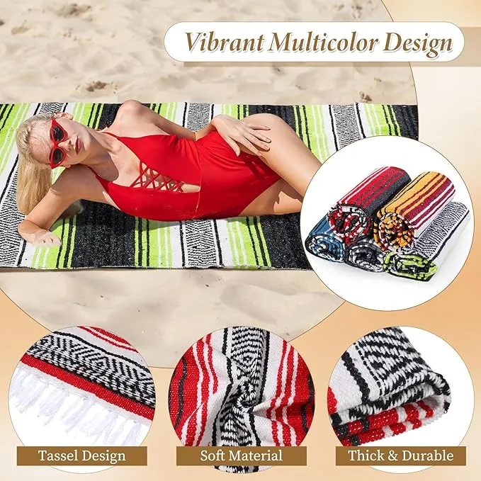 Preboun 10 Pieces Mexican Blanket Bulk Authentic Woven Yoga Blanket Large Picnic Camping Blanket Colorful Striped Serape Blanket for Beach Outdoor Grass Car Home Throw Blanket (Mixed Color)