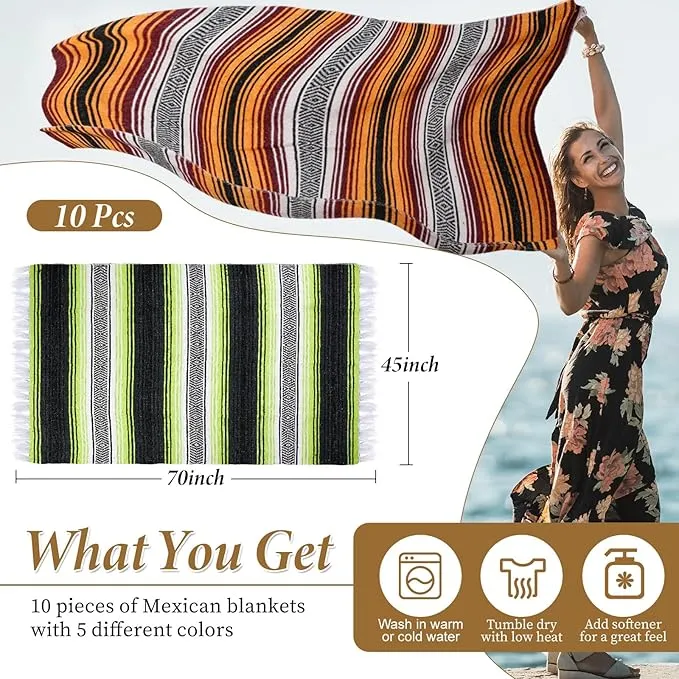 Preboun 10 Pieces Mexican Blanket Bulk Authentic Woven Yoga Blanket Large Picnic Camping Blanket Colorful Striped Serape Blanket for Beach Outdoor Grass Car Home Throw Blanket (Mixed Color)