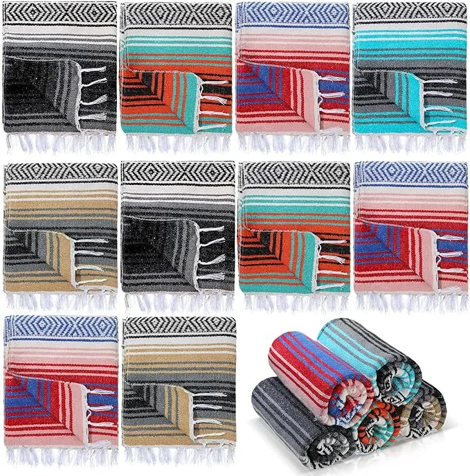 Preboun 10 Pieces Mexican Blanket Bulk Authentic Woven Yoga Blanket Large Picnic Camping Blanket Colorful Striped Serape Blanket for Beach Outdoor Grass Car Home Throw Blanket (Multi Color)