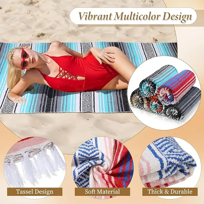 Preboun 10 Pieces Mexican Blanket Bulk Authentic Woven Yoga Blanket Large Picnic Camping Blanket Colorful Striped Serape Blanket for Beach Outdoor Grass Car Home Throw Blanket (Multi Color)