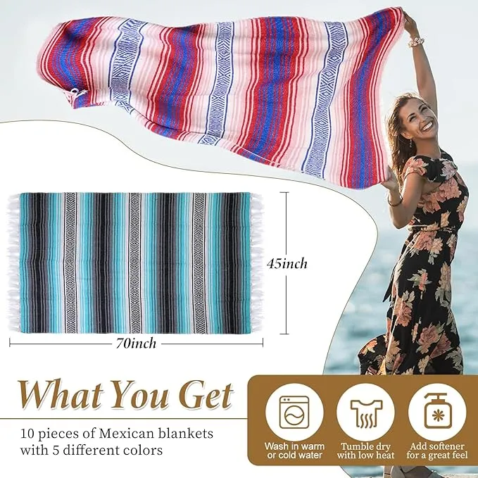 Preboun 10 Pieces Mexican Blanket Bulk Authentic Woven Yoga Blanket Large Picnic Camping Blanket Colorful Striped Serape Blanket for Beach Outdoor Grass Car Home Throw Blanket (Multi Color)
