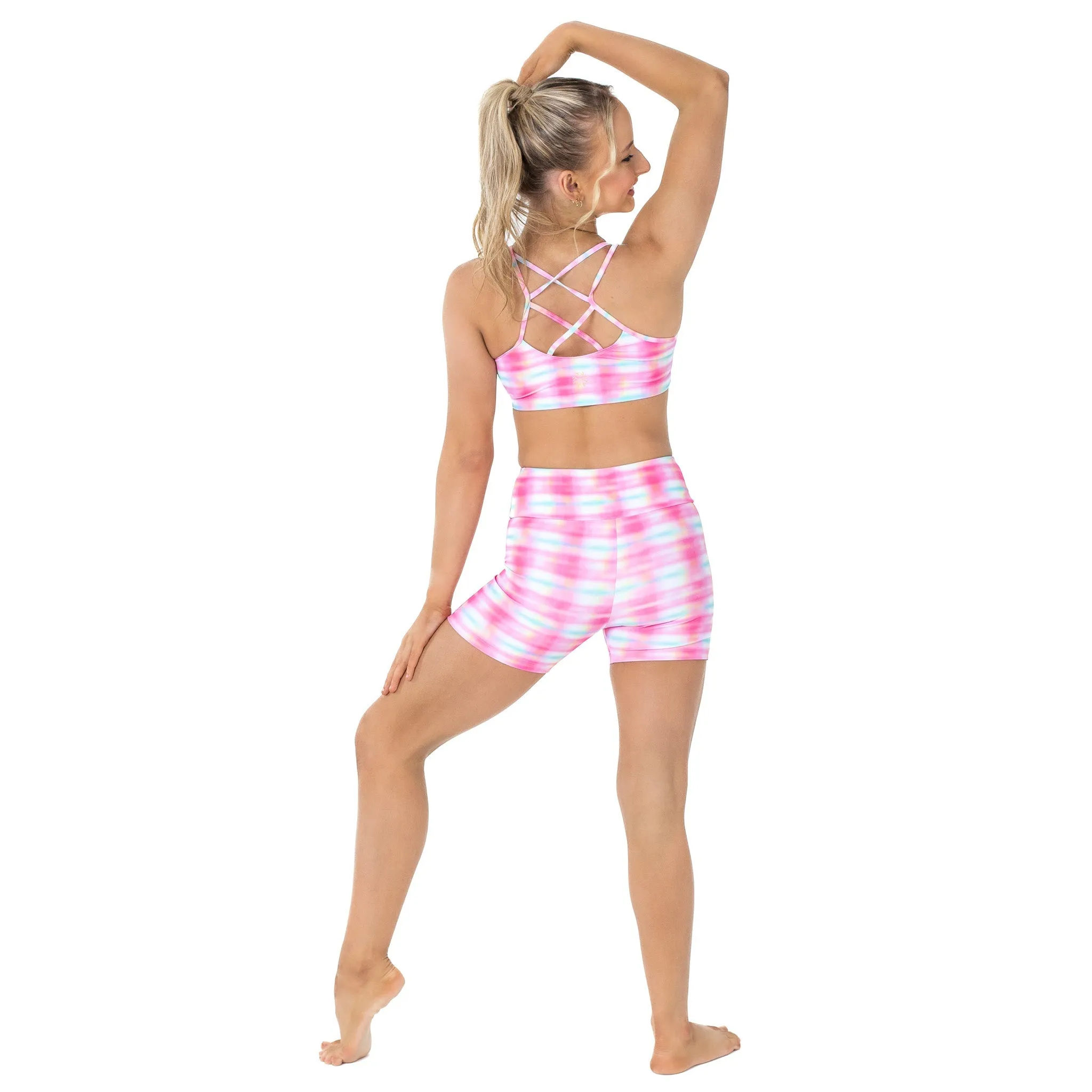 Remi: Criss-Cross Back Bra Crop Top in Picnic in Pink Print