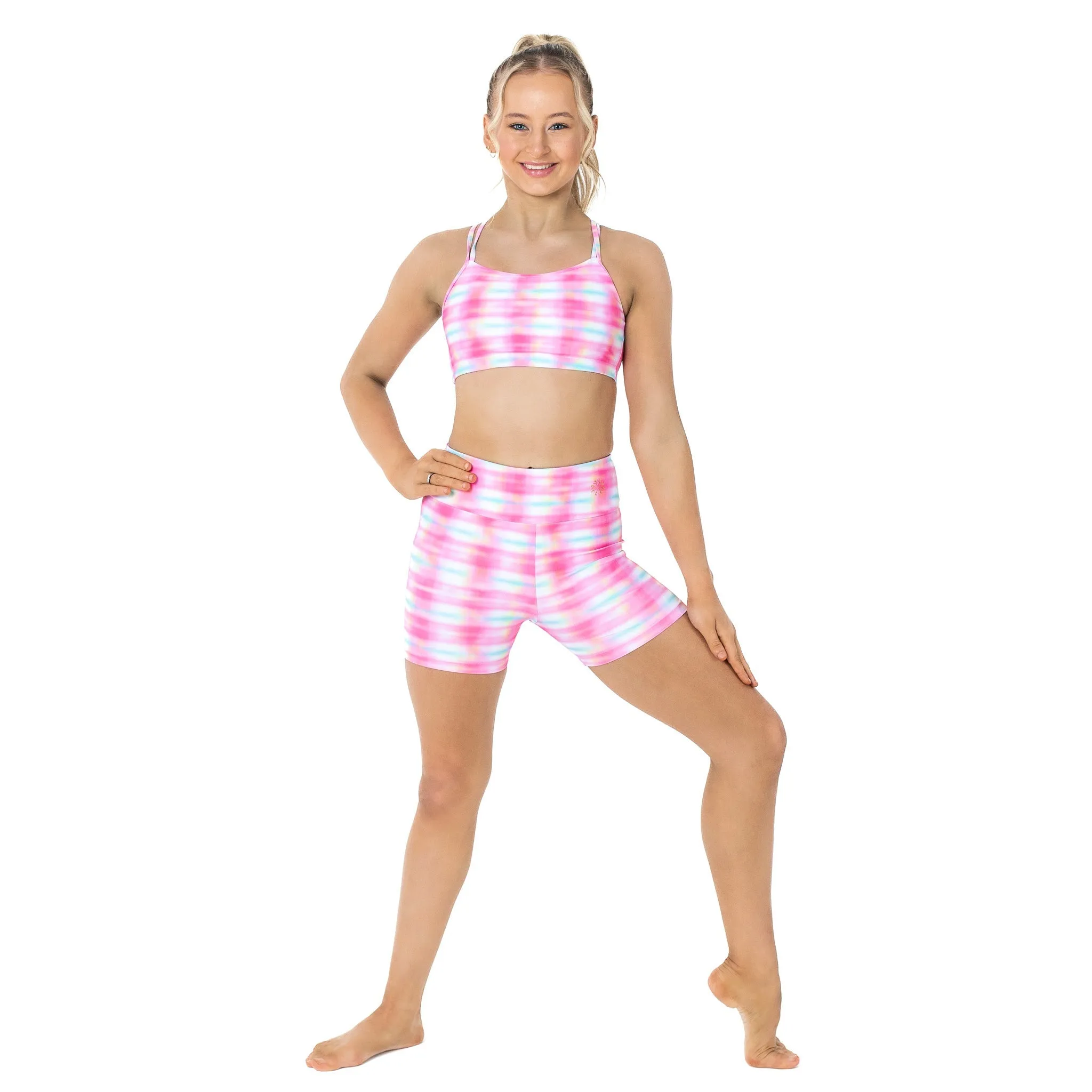 Remi: Criss-Cross Back Bra Crop Top in Picnic in Pink Print