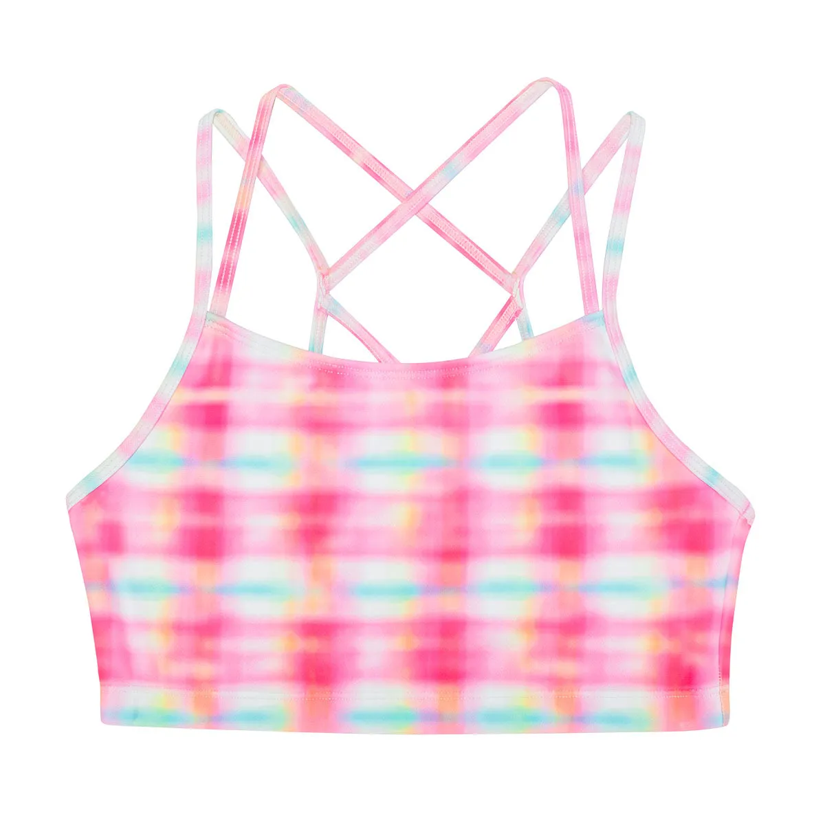 Remi: Criss-Cross Back Bra Crop Top in Picnic in Pink Print