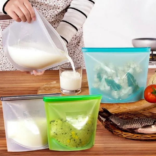 Silicone Reusable Vacuum Seal Fresh Bag Kitchen Re-Zip Storage Pouch Airtight Container for Food Vegetables Fruits - Blue