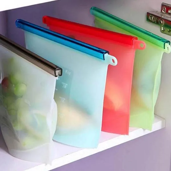 Silicone Reusable Vacuum Seal Fresh Bag Kitchen Re-Zip Storage Pouch Airtight Container for Food Vegetables Fruits - Blue