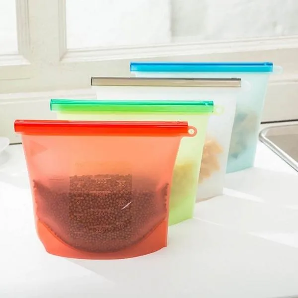 Silicone Reusable Vacuum Seal Fresh Bag Kitchen Re-Zip Storage Pouch Airtight Container for Food Vegetables Fruits - Blue