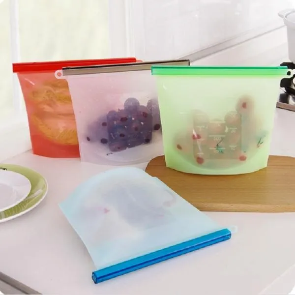 Silicone Reusable Vacuum Seal Fresh Bag Kitchen Re-Zip Storage Pouch Airtight Container for Food Vegetables Fruits - Blue