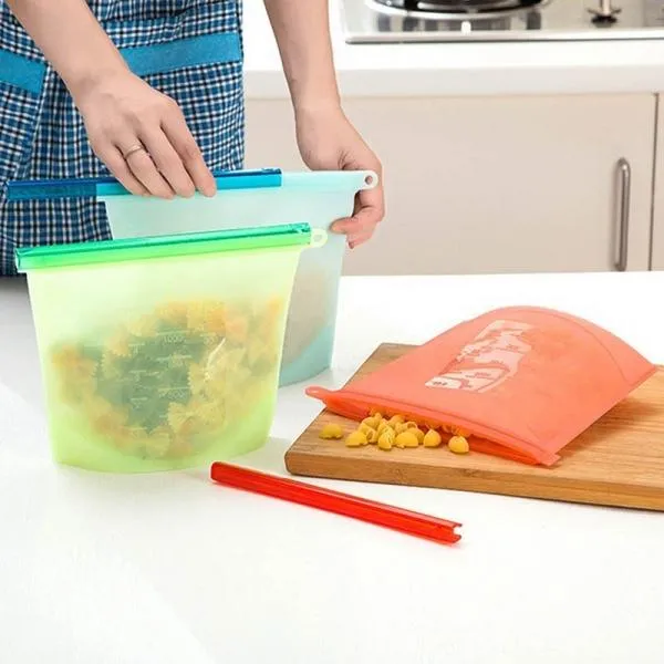 Silicone Reusable Vacuum Seal Fresh Bag Kitchen Re-Zip Storage Pouch Airtight Container for Food Vegetables Fruits - Blue