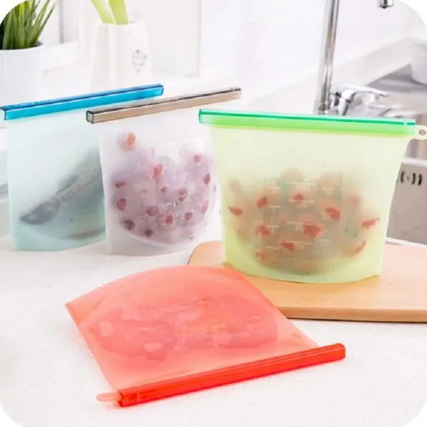 Silicone Reusable Vacuum Seal Fresh Bag Kitchen Re-Zip Storage Pouch Airtight Container for Food Vegetables Fruits - Blue