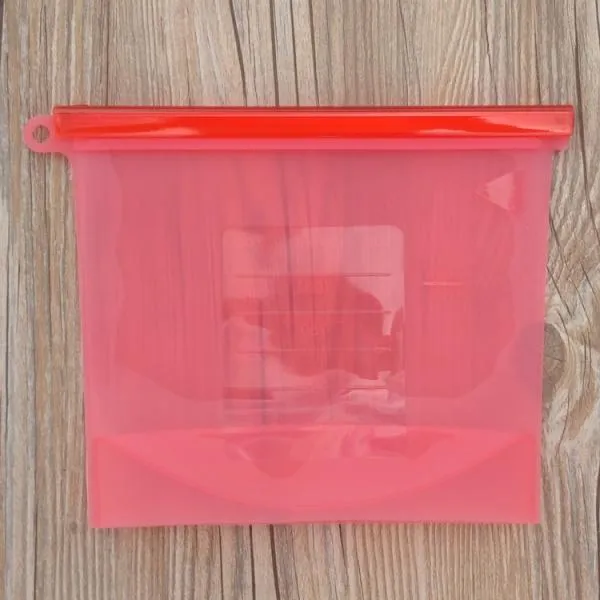 Silicone Reusable Vacuum Seal Fresh Bag Kitchen Re-Zip Storage Pouch Airtight Container for Food Vegetables Fruits - Red