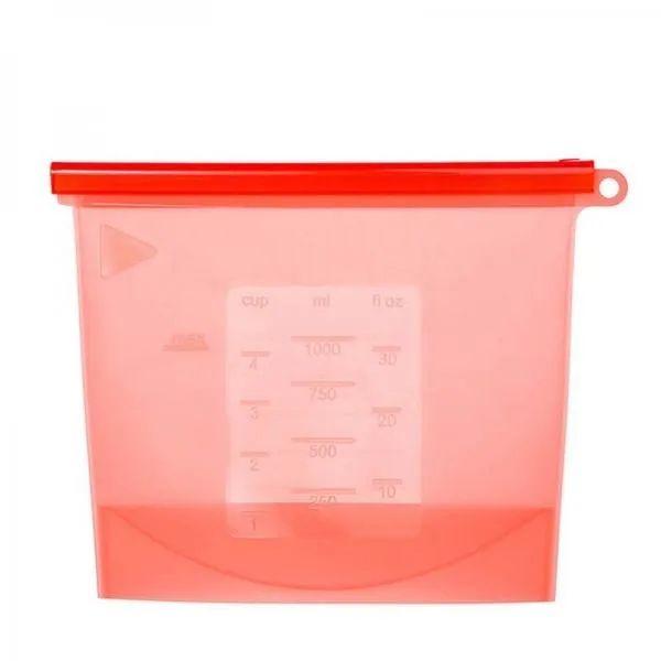 Silicone Reusable Vacuum Seal Fresh Bag Kitchen Re-Zip Storage Pouch Airtight Container for Food Vegetables Fruits - Red