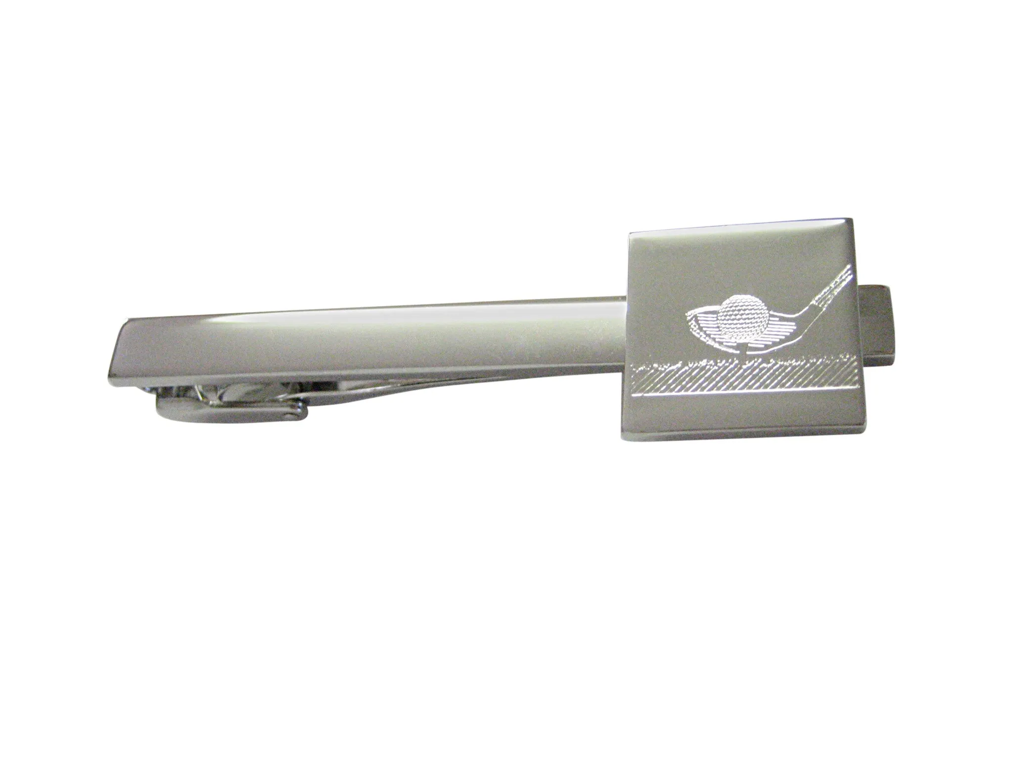 Silver Toned Etched Golf Ball and Club Square Tie Clip