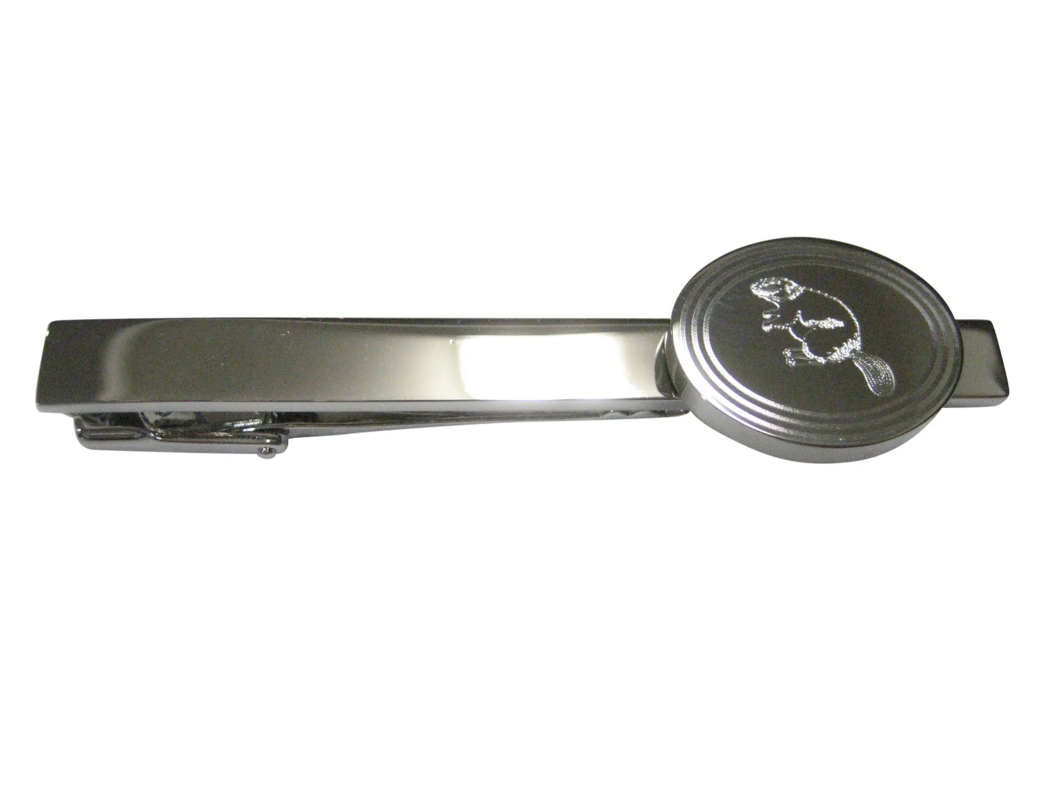 Silver Toned Etched Oval Beaver Tie Clip