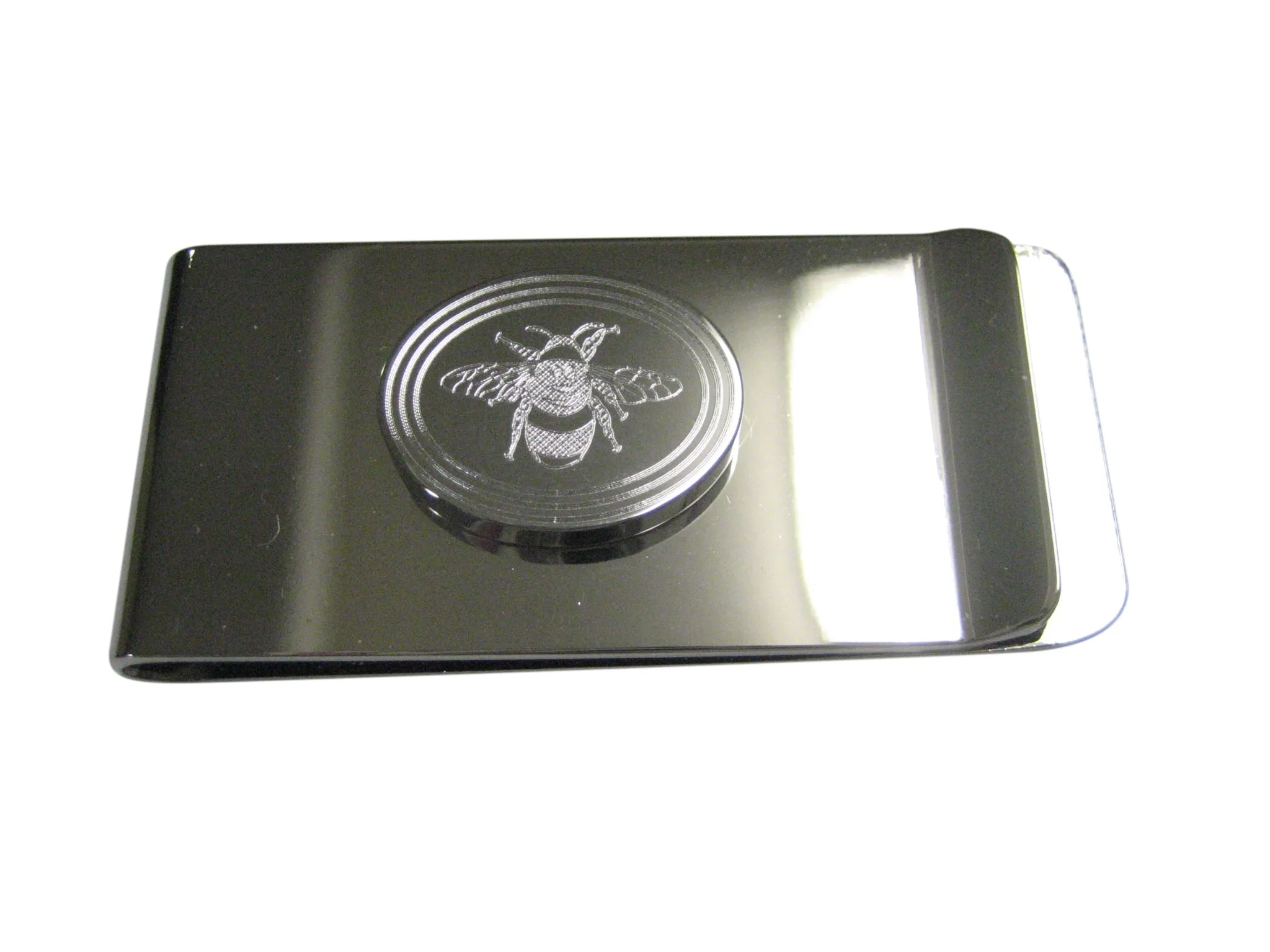 Silver Toned Etched Oval Bumble Bee Money Clip