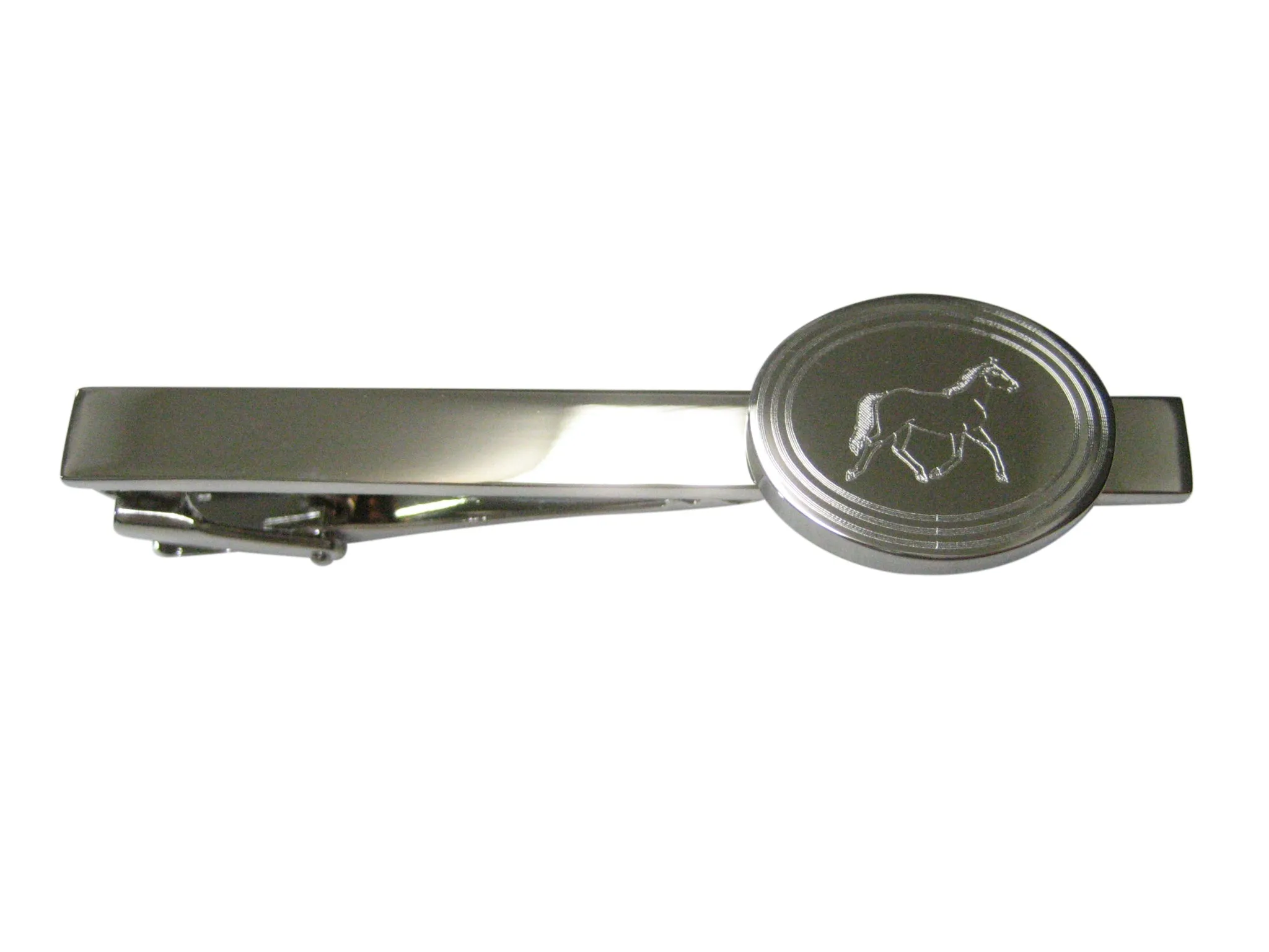 Silver Toned Etched Oval Full Horse Tie Clip