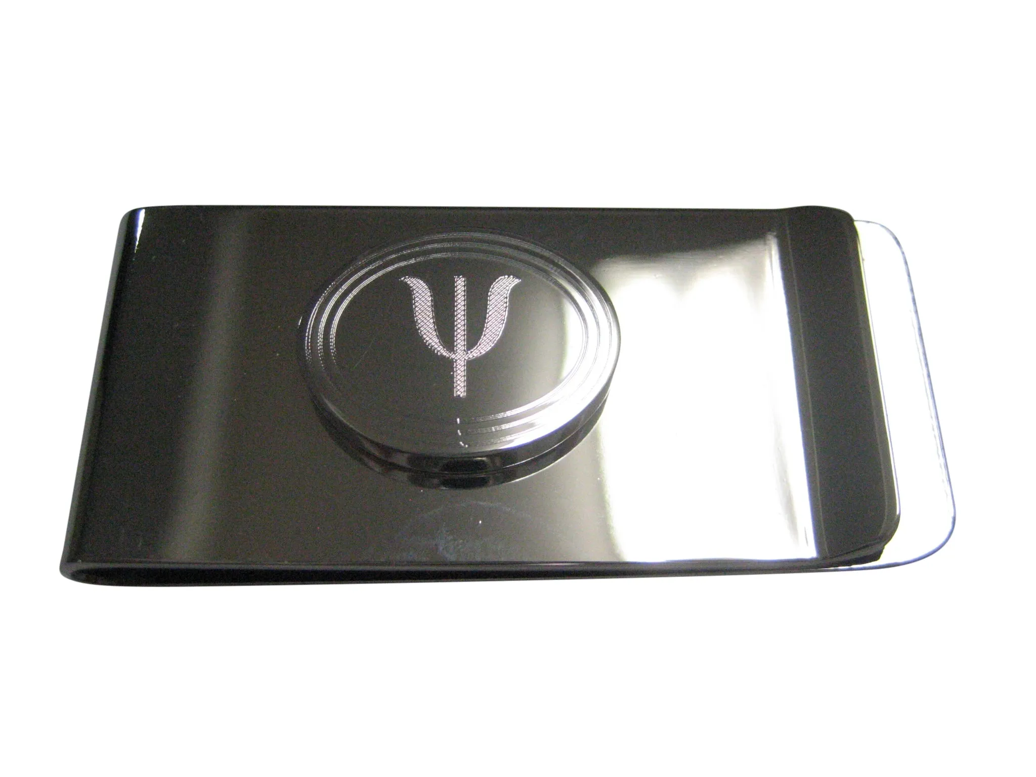 Silver Toned Etched Oval Greek Letter Psi Pendant Money Clip