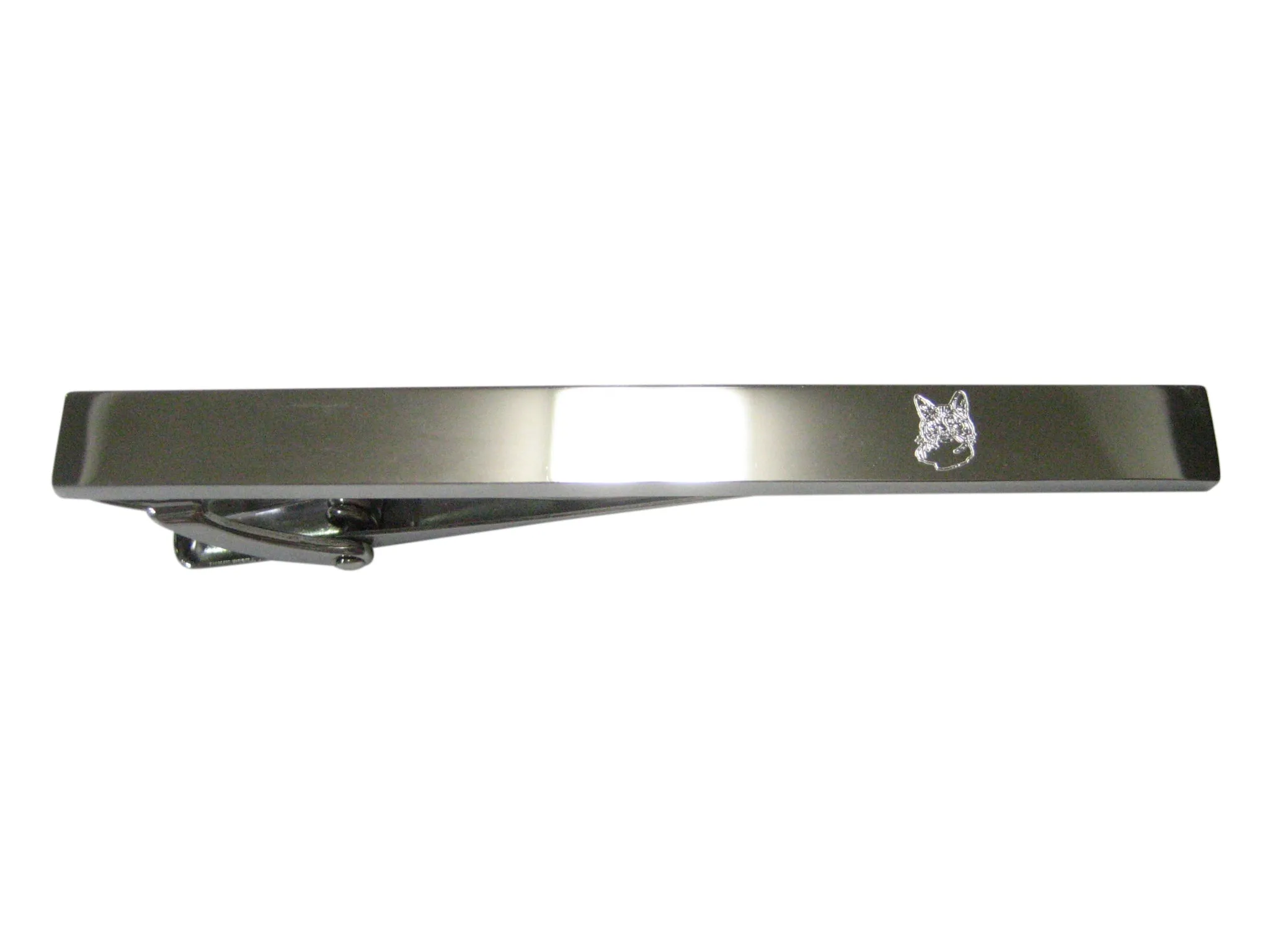 Silver Toned Etched Sleek Cat Head Tie Clip